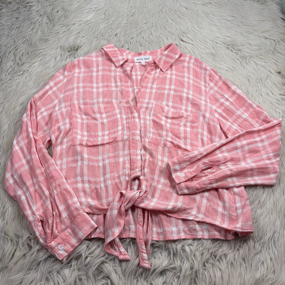 Bella Dahl Women's M Pink Plaid Tie Hem Button Front Shirt Cowgirl Cottagecore